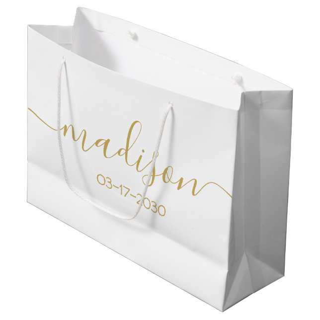Custom Name Text Girly Feminine Gold Script White Large Gift Bag (Front Angled)