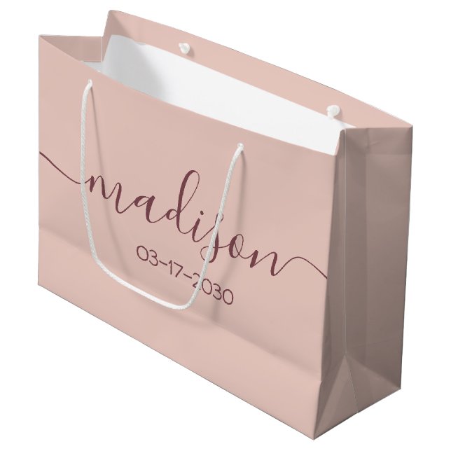 Custom Name Text Girly Feminine Rose Gold Script Large Gift Bag (Front Angled)