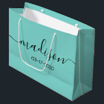 Custom Name Text Girly Feminine Teal Turquoise Large Gift Bag<br><div class="desc">Personalized Girly Chic Feminine Teal Blue Green Turquoise Script Gift Bag
Customized gift bags for your event! A perfect touch to your wedding,  reception,  shower,  party or event.</div>