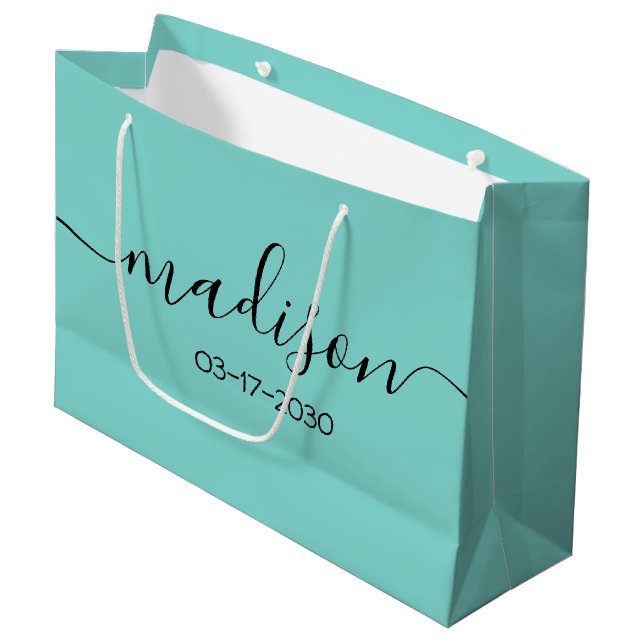 Custom Name Text Girly Feminine Teal Turquoise Large Gift Bag (Front Angled)