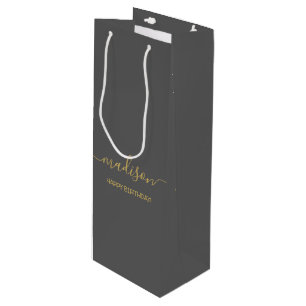 Custom Name Text Greeting Chic Gold Script Grey Wine Gift Bag