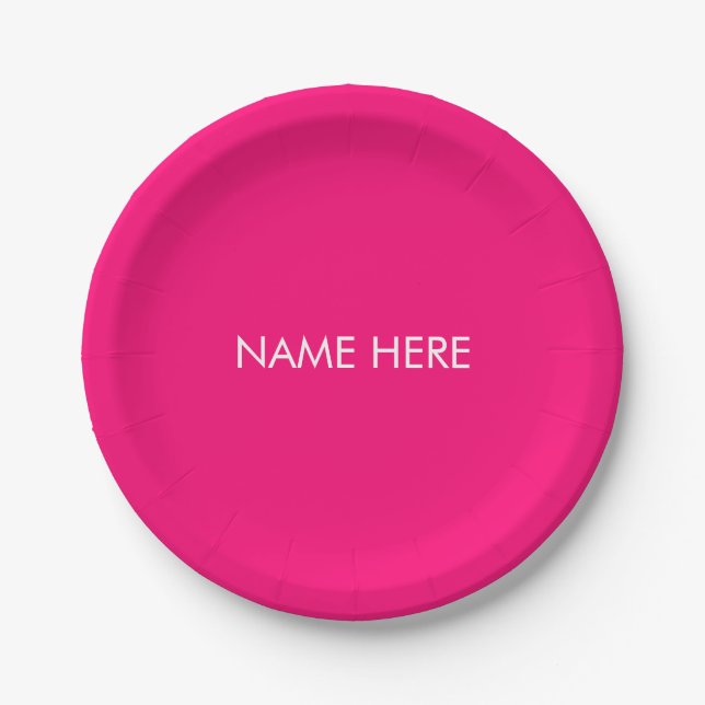 Custom name text hot pink white minimalist paper plate (Front)