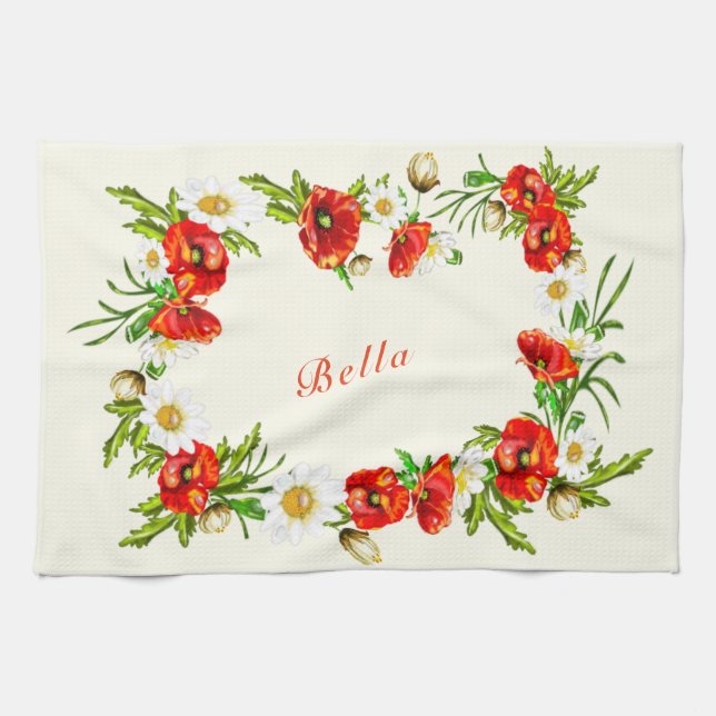 Custom Name Text Kitchen Towel with Flowers (Horizontal)