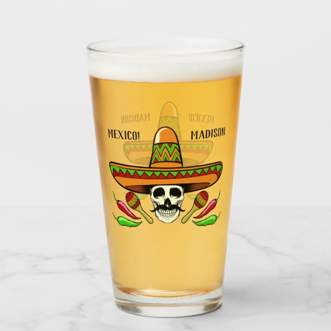 Custom name / text Mexican skull pint glass (Back Filled)