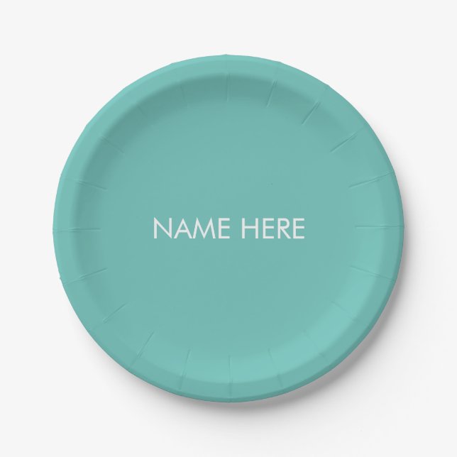 Custom name text minimalist light teal white paper plate (Front)