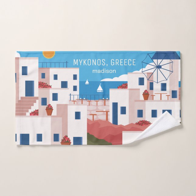 Custom Name & Text Mykonos Greece Hand Towel (Hand Towel)