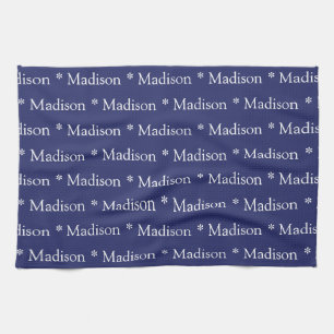 Custom name text navy blue white pattern kitchen towel