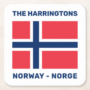 Custom Name & Text Norwegian Flag Square Paper Coaster
