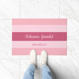 Custom Name & Text Pink Stripes Doormat