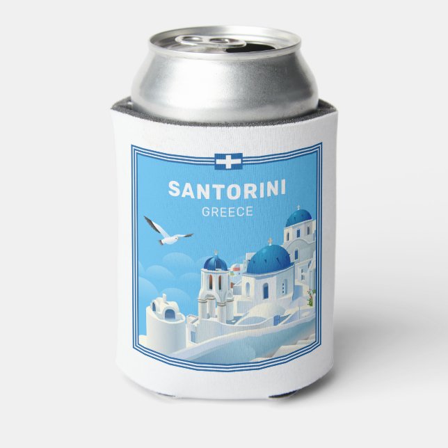 Custom Name & Text Santorini Greece Can Cooler (Can Back)