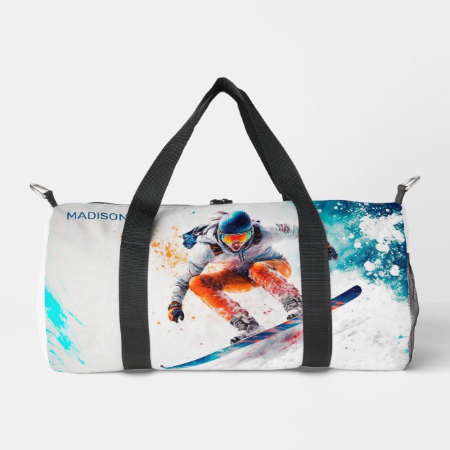 Custom Name & Text Snowboarder Duffle Bag (Front)