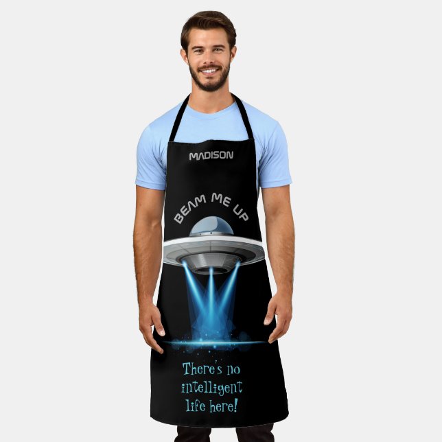 Custom name & text UFO Spaceship aprons (Worn)