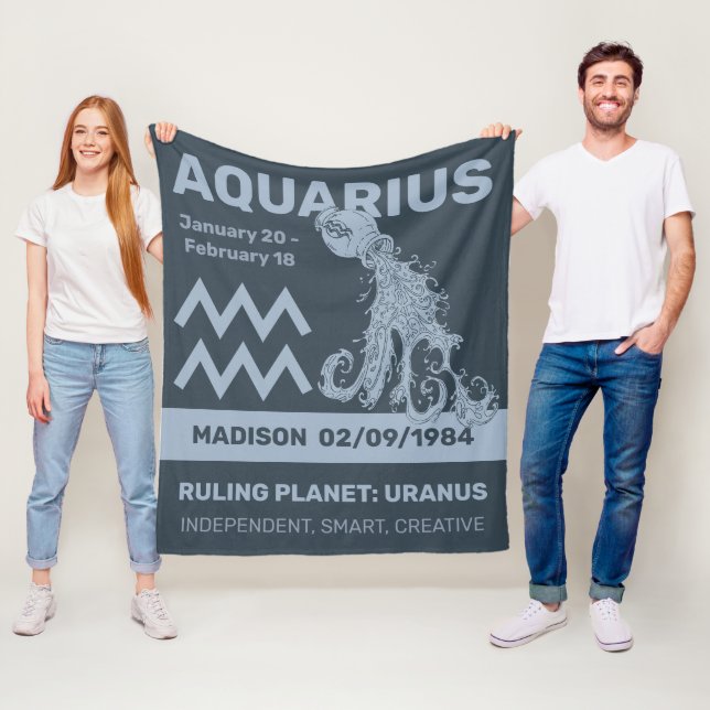 Custom Name / Text Zodiac Sign Aquarius Fleece Blanket (In Situ)