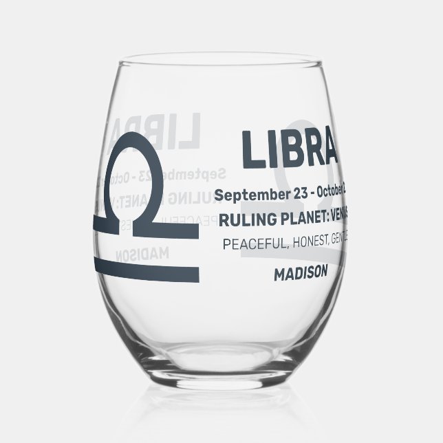 Custom Name / Text Zodiac Sign Libra Stemless Wine Glass (Front)