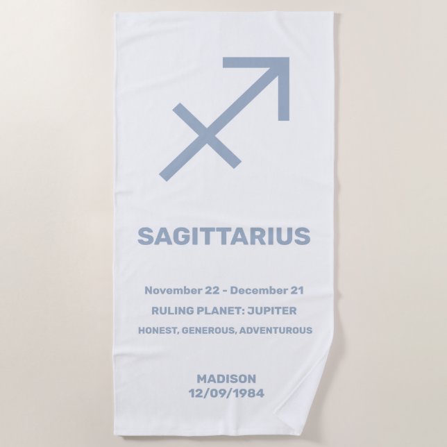 Custom Name / Text Zodiac Sign Sagittarius Beach Towel (Front)