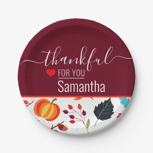 Custom Name Thankful for You Maroon Thanksgiving Paper Plate (Front)