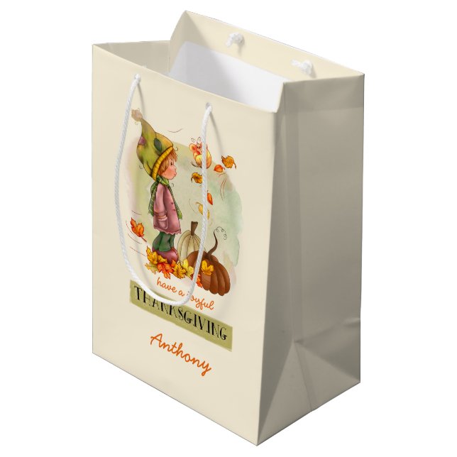 Custom Name Thanksgiving Medium Gift Bag (Front Angled)