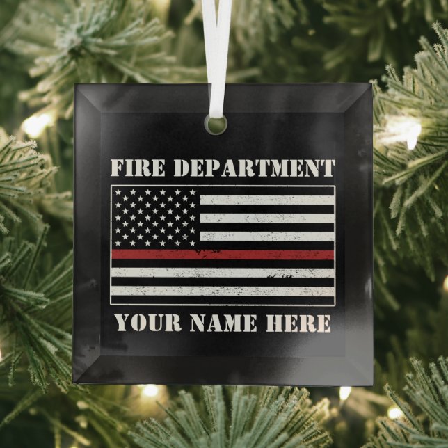 Custom Name Thin Red Line Flag Proud Firefighter Glass Ornament (Insitu)