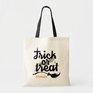 Custom Name Tick or Treat Spider Web Broom Bag