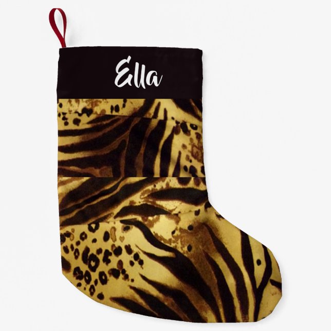 Custom name tiger skin print small christmas stocking (Front)