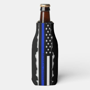 Custom Name Torn Out Look Thin Blue Line Flag Bottle Cooler