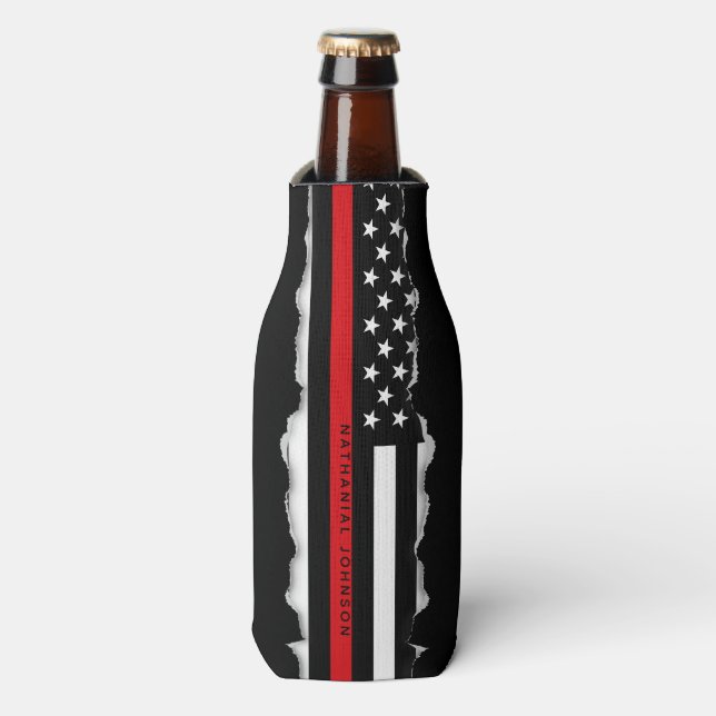 Custom Name Torn Out Look Thin Red Line Flag FF Bottle Cooler (Bottle Front)