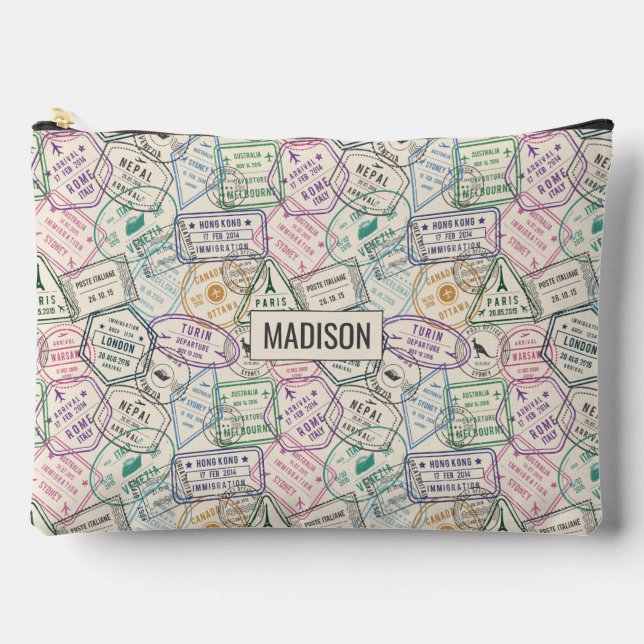 Custom name Travel Stamps Pattern Accessory Pouch (Front)
