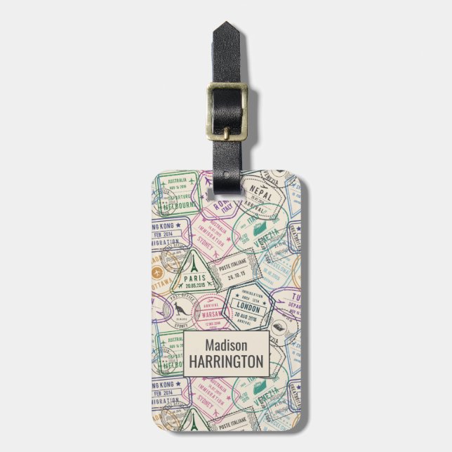 Custom name Travel Stamps Pattern Luggage Tag (Front Vertical)
