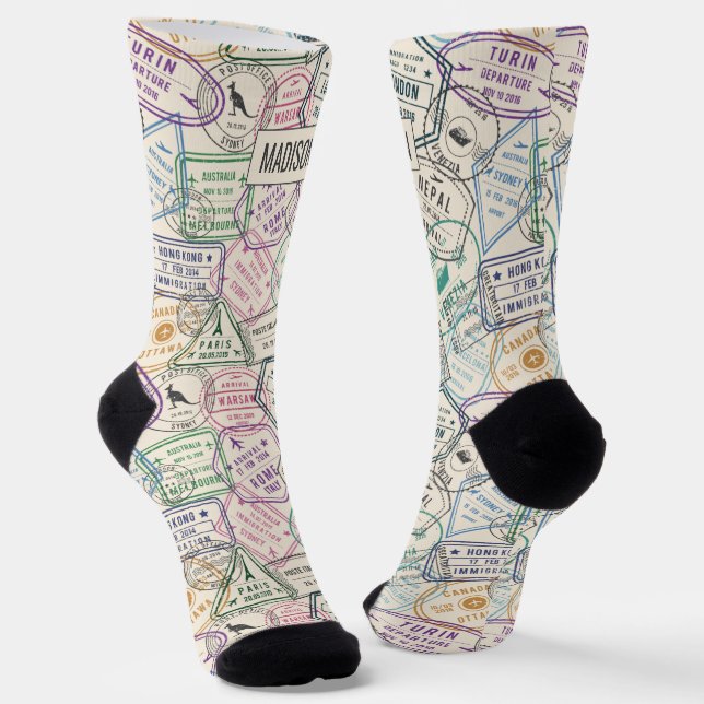 Custom name Travel Stamps Pattern Socks (Angled)