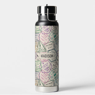 Custom name Travel Stamps Pattern Water Bottle