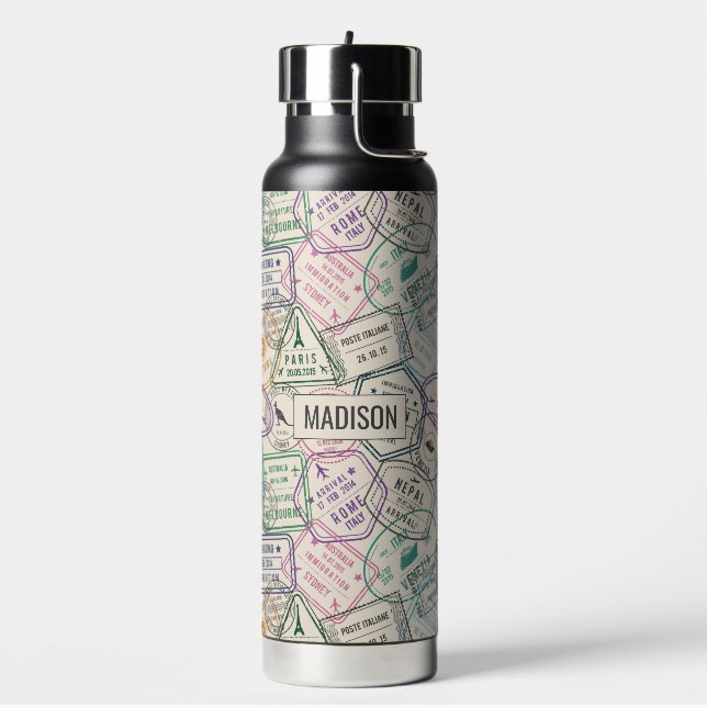 Custom name Travel Stamps Pattern Water Bottle (Left)