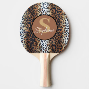Custom Name Trendy Brown Black White Leopard Ping Pong Paddle