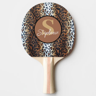 Custom Name Trendy Brown Black White Leopard Ping Pong Paddle