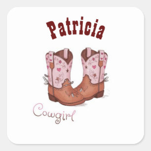 Custom Name Trendy Cute CowGirl Boots Pink Brown Square Sticker