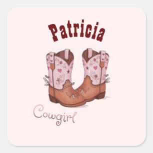 Custom Name Trendy Cute CowGirl Boots Pink  Square Sticker