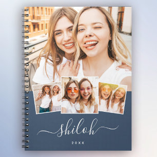 Custom Name Trendy Modern Script 4 Photo Collage Notebook