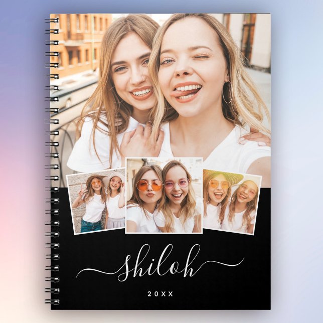 Custom Name Trendy Modern Script 4 Photo Collage Notebook (Notebook magic! Your custom name, trendy script, and 4-photo collage diary!)