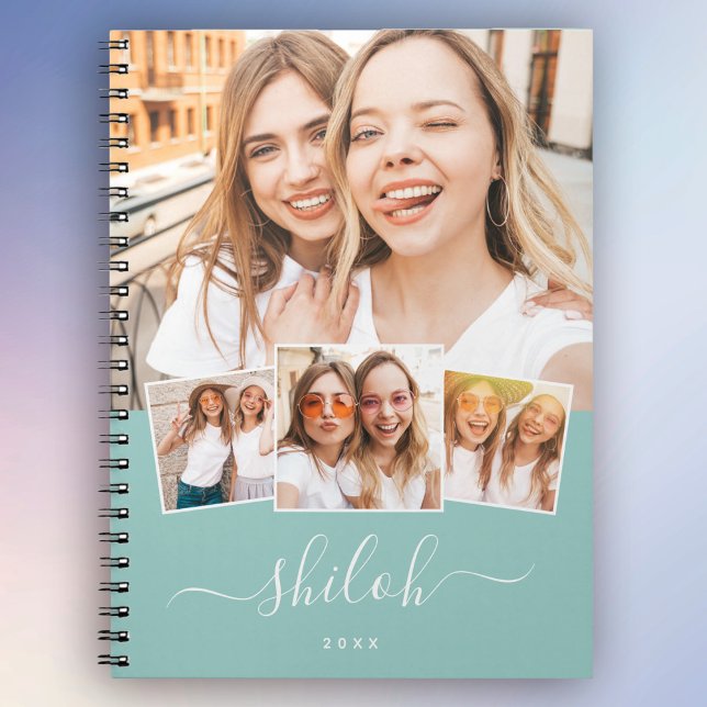 Custom Name Trendy Modern Script 4 Photo Collage Notebook (Personalized perfection for stylish notes & memories. ✨📓 #CustomDesign #TrendyNotebook)