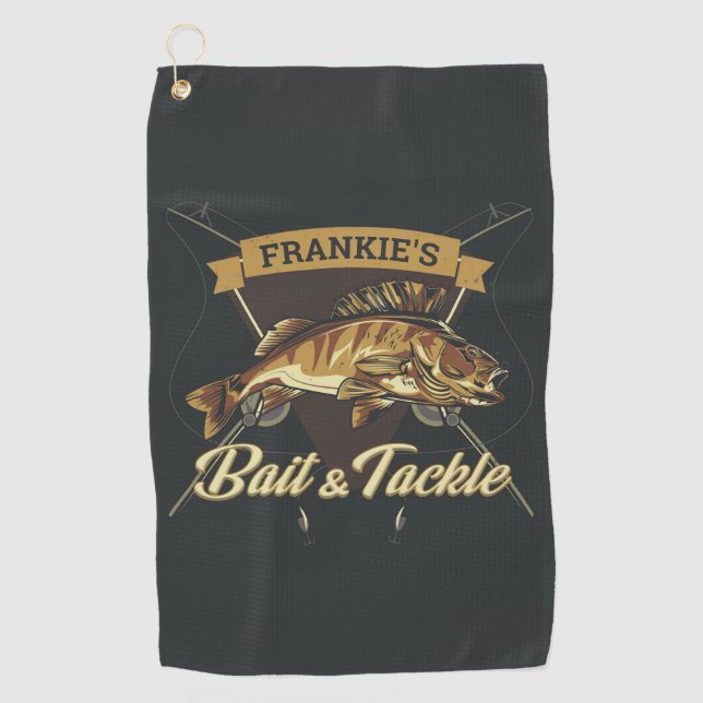 Custom NAME Trophy Fishing Angler Bait Tackle Shop Golf Towel (Front)