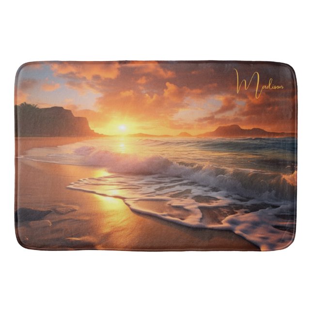Custom Name Tropical Beach Sunset Bath Mat (Front)