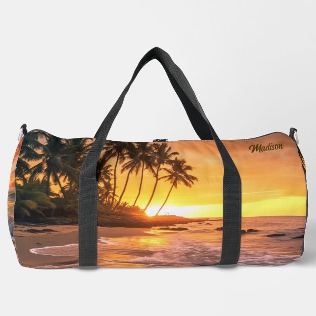 Custom Name Tropical Beach Sunset Duffle Bag (Front)
