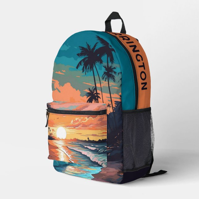 Custom Name Tropical Beach Sunset Printed Backpack (Back Corner Right)