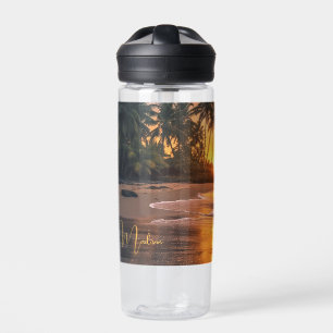 Custom Name Tropical Beach Sunset Water Bottle