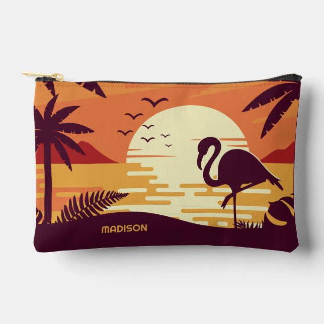 Custom Name Tropical Flamingo Accessory Pouch (Front)
