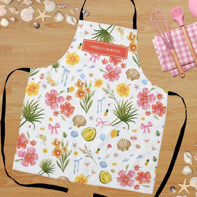 Custom Name Tropical Floral Shells Summer Kitchen Apron (Creator Uploaded)