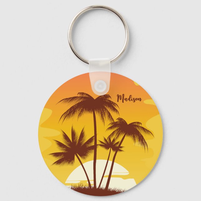 Custom Name Tropical Island Sunset Keychain (Front)