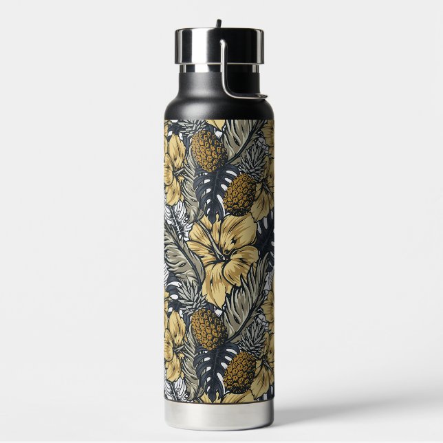 Custom Name Tropical Leafs and Flowers Pattern Water Bottle (Left)
