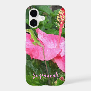 Custom Name Tropical Pink Hibiscus Anole Lizard