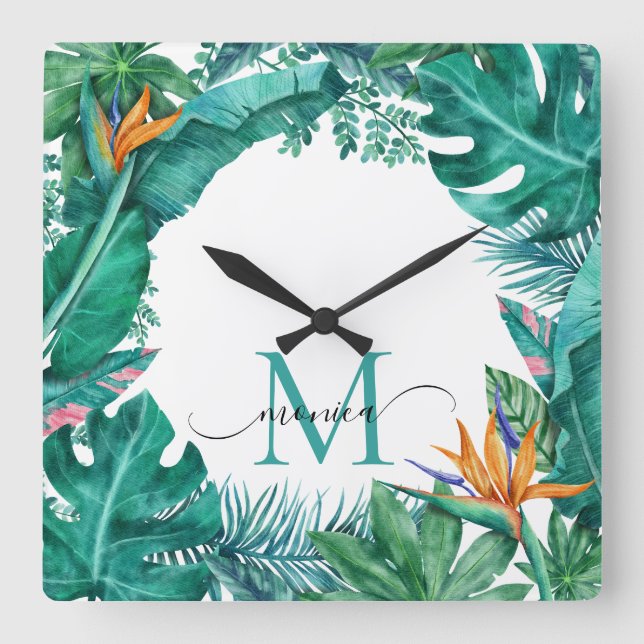 Custom Name Tropical Square Wall Clock (Front)