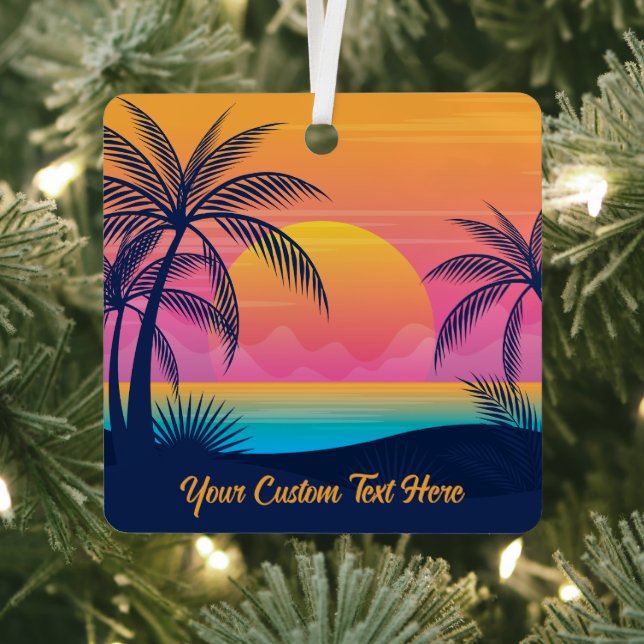 Custom Name Tropical Sunset Metal Ornament (Insitu)